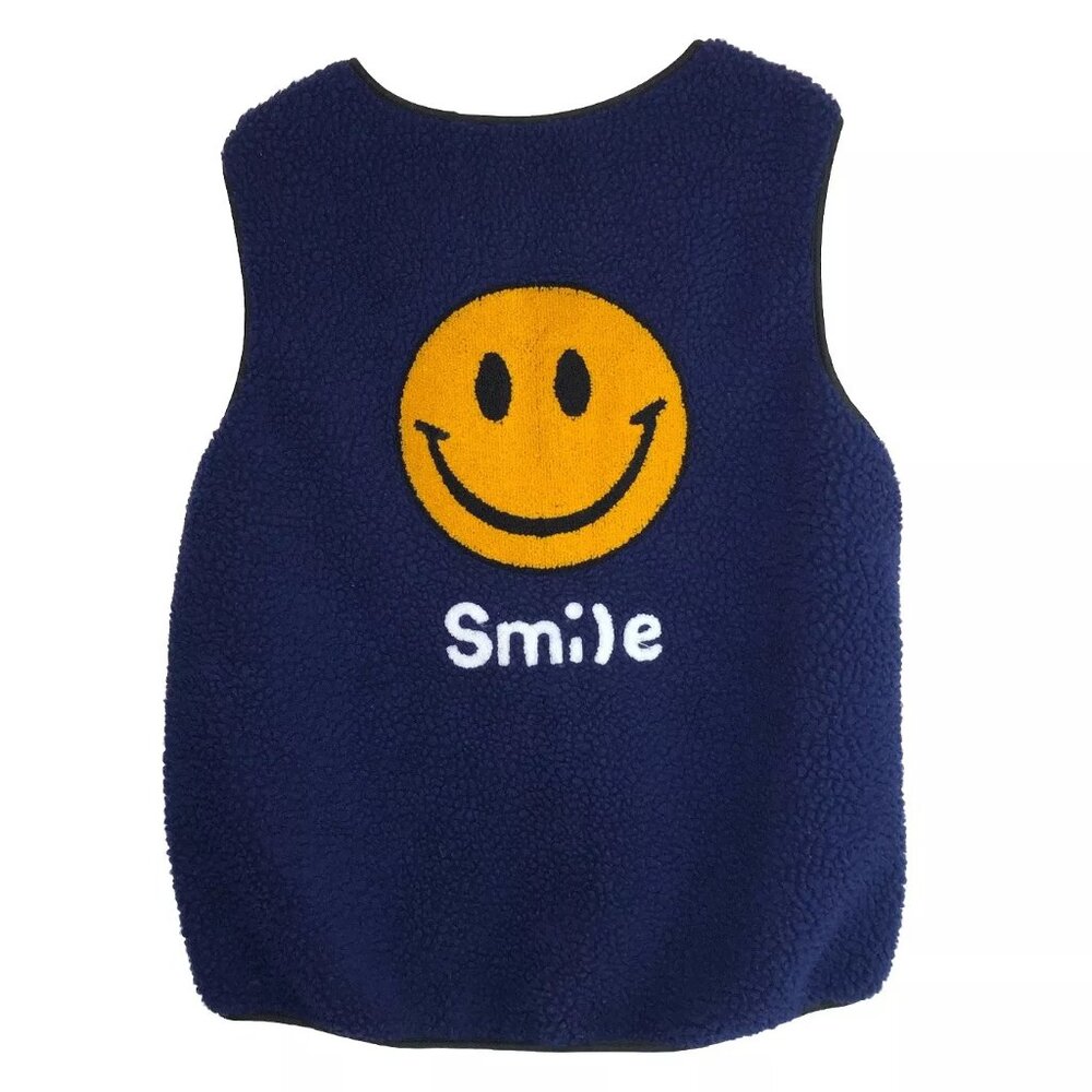 Yellow Smiley Face Smile Word Navy Blue Fleece Vest Jacket 2XL Full Zip V Neck